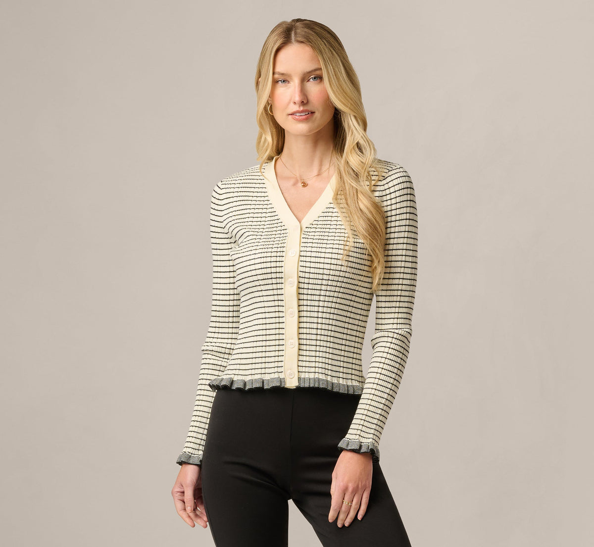 Long Sleeve V Neck Ruffle Cardigan Sweater - Cream Black | Adrianna Papell
