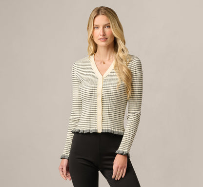 Long Sleeve V Neck Ruffle Cardigan Sweater - Cream Black | Adrianna Papell