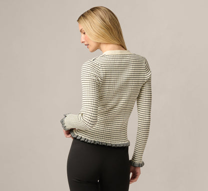 Long Sleeve V Neck Ruffle Cardigan Sweater - Cream Black | Adrianna Papell