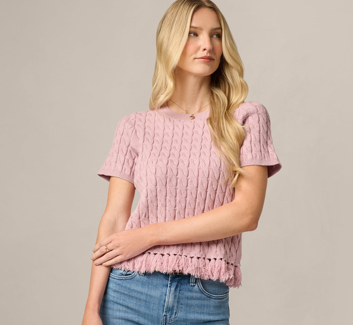 Short Sleeve Fringe Hem Cable Knit Sweater - Light Mauve | Adrianna Papell
