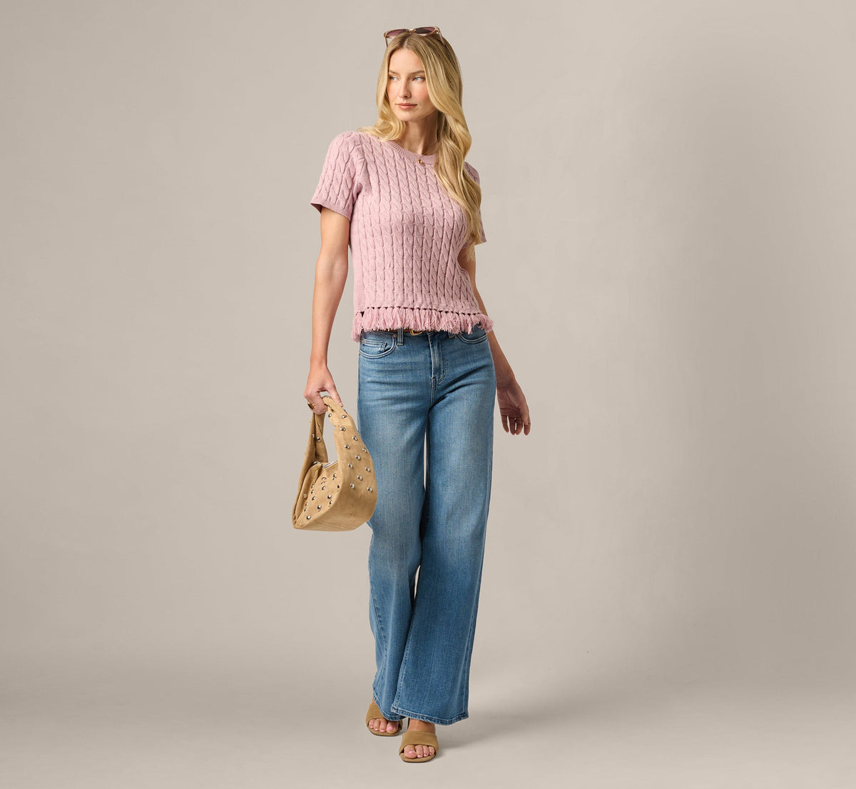 Short Sleeve Fringe Hem Cable Knit Sweater - Light Mauve | Adrianna Papell