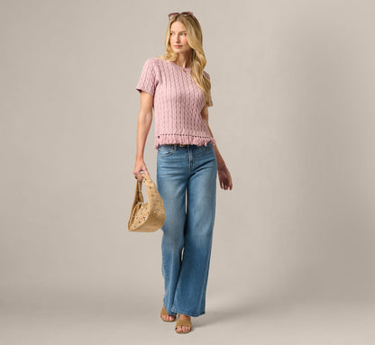 Short Sleeve Fringe Hem Cable Knit Sweater - Light Mauve | Adrianna Papell