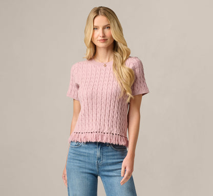 Short Sleeve Fringe Hem Cable Knit Sweater - Light Mauve | Adrianna Papell