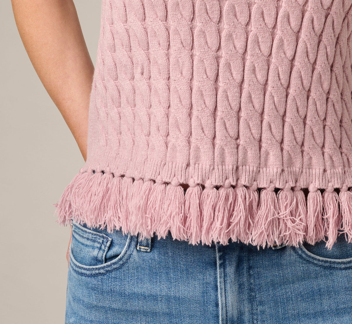 Short Sleeve Fringe Hem Cable Knit Sweater - Light Mauve | Adrianna Papell