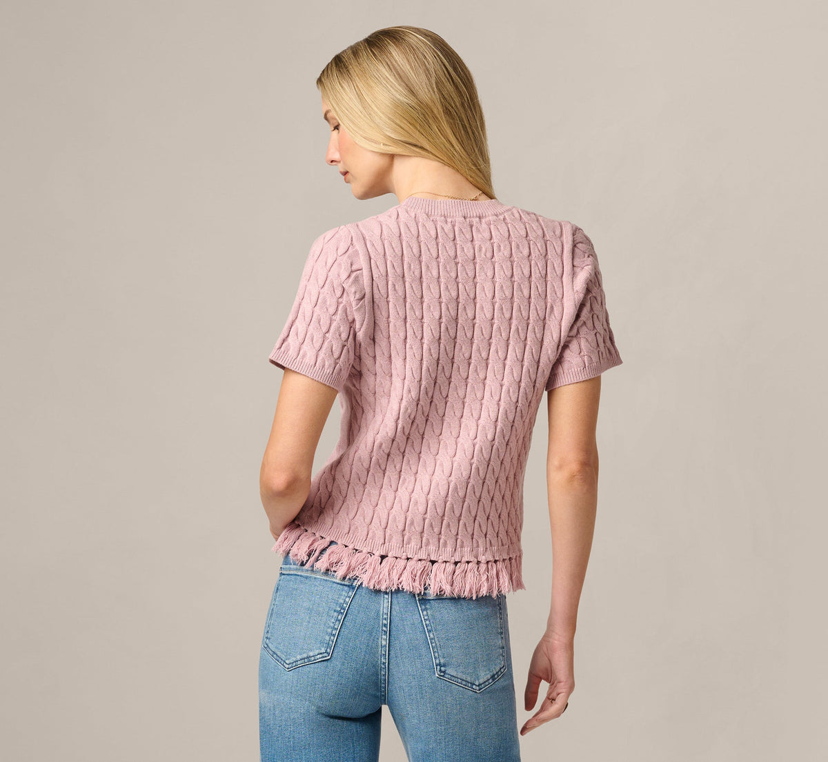 Short Sleeve Fringe Hem Cable Knit Sweater - Light Mauve | Adrianna Papell
