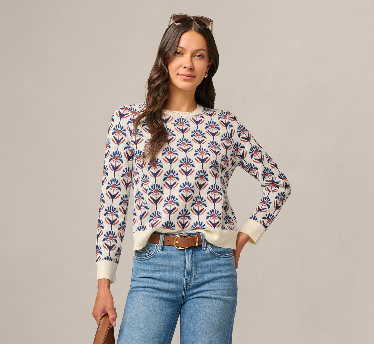 Long Sleeve Jacquard Pullover Sweater - Rustic Clay Floral | Adrianna Papell