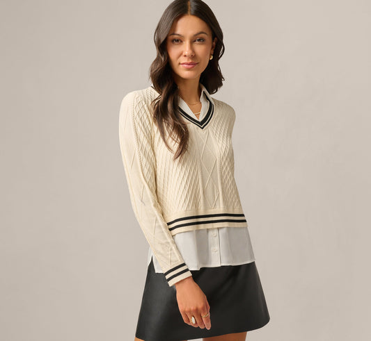 Long Sleeve Cable Knit Twofer Sweater Top - Cream Black W  Ivory | Adrianna Papell