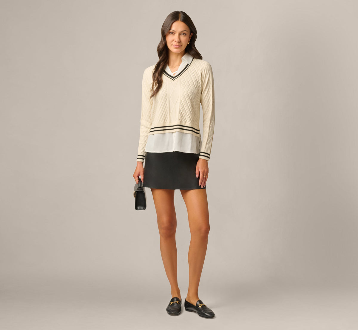 Long Sleeve Cable Knit Twofer Sweater Top - Cream Black W  Ivory | Adrianna Papell