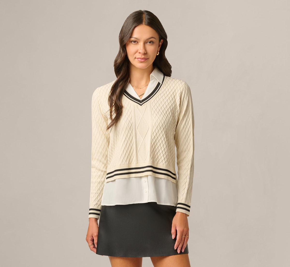 Long Sleeve Cable Knit Twofer Sweater Top - Cream Black W  Ivory | Adrianna Papell