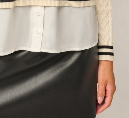 Long Sleeve Cable Knit Twofer Sweater Top - Cream Black W  Ivory | Adrianna Papell