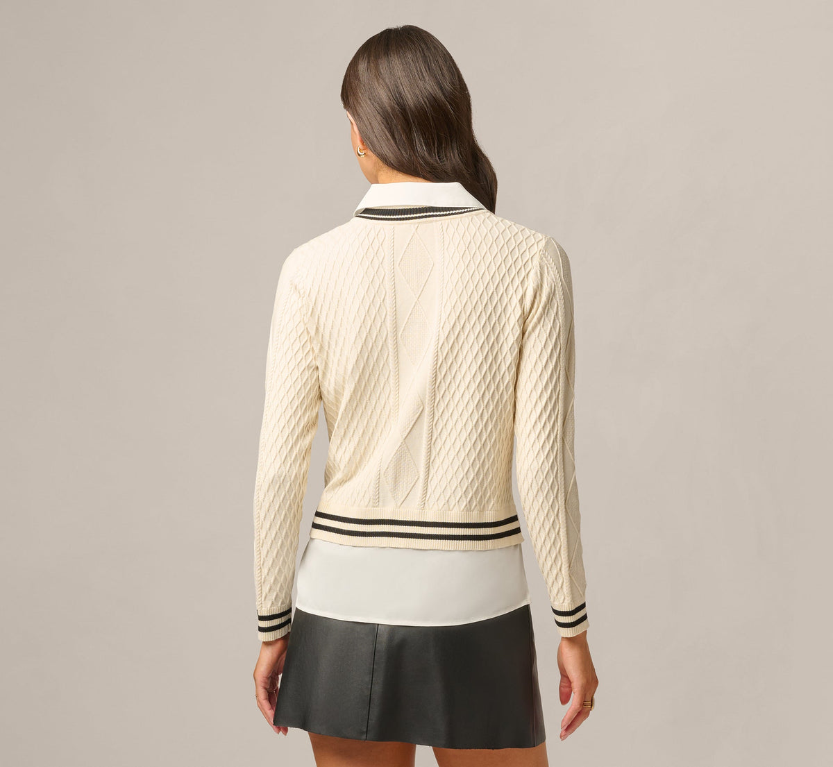 Long Sleeve Cable Knit Twofer Sweater Top - Cream Black W  Ivory | Adrianna Papell