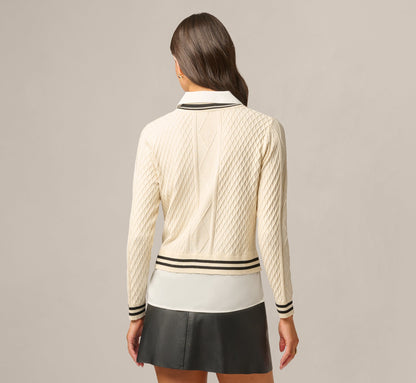 Long Sleeve Cable Knit Twofer Sweater Top - Cream Black W  Ivory | Adrianna Papell