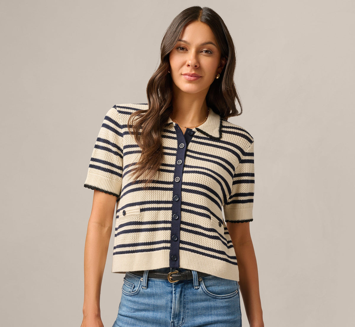 Short Sleeve Textured Knit Collared Cardigan Sweater - Cream Navy | Adrianna Papell