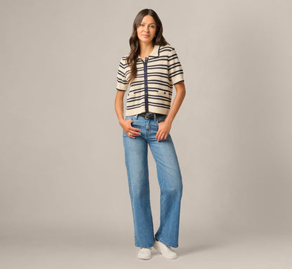 Short Sleeve Textured Knit Collared Cardigan Sweater - Cream Navy | Adrianna Papell