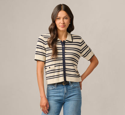 Short Sleeve Textured Knit Collared Cardigan Sweater - Cream Navy | Adrianna Papell