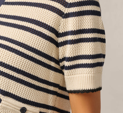 Short Sleeve Textured Knit Collared Cardigan Sweater - Cream Navy | Adrianna Papell