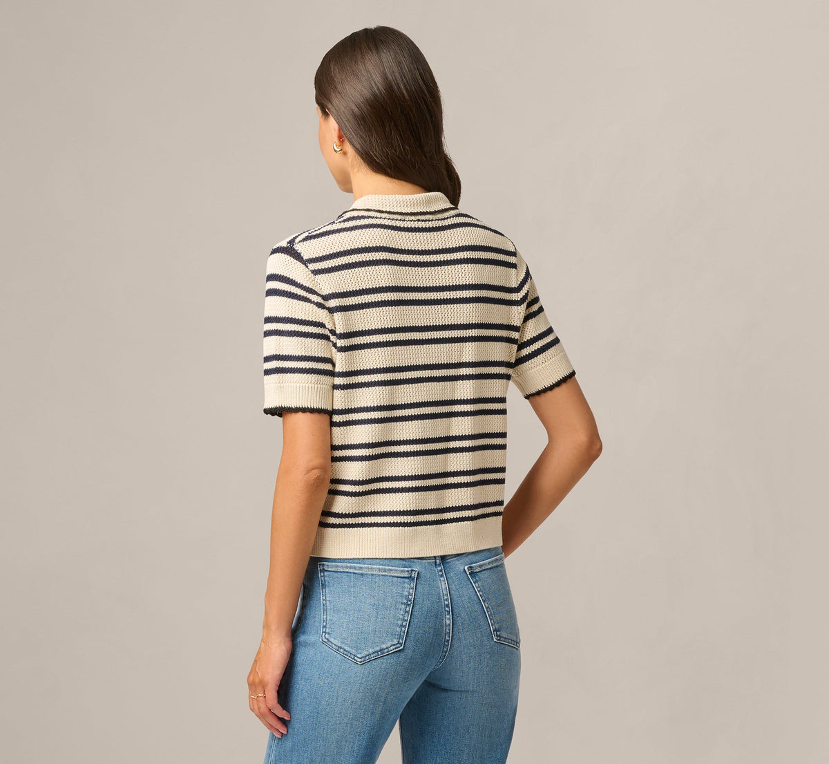 Short Sleeve Textured Knit Collared Cardigan Sweater - Cream Navy | Adrianna Papell