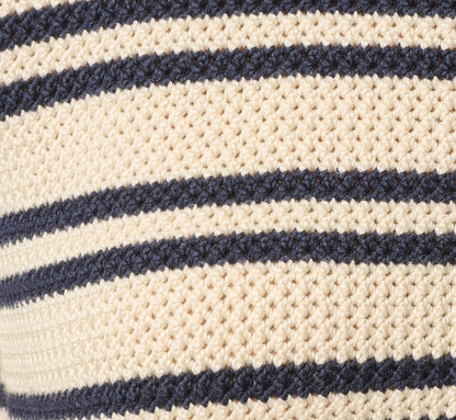 Short Sleeve Textured Knit Collared Cardigan Sweater - Cream Navy | Adrianna Papell