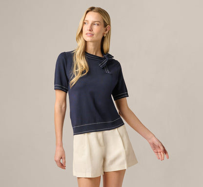 Short Sleeve Bow Neck Contrast Stitch Sweater - Navy Cream | Adrianna Papell