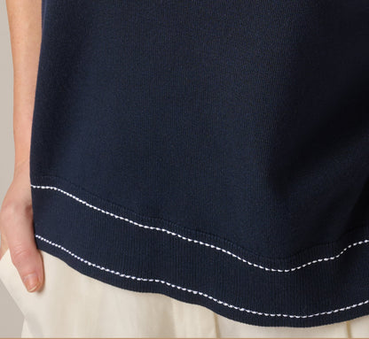Short Sleeve Bow Neck Contrast Stitch Sweater - Navy Cream | Adrianna Papell