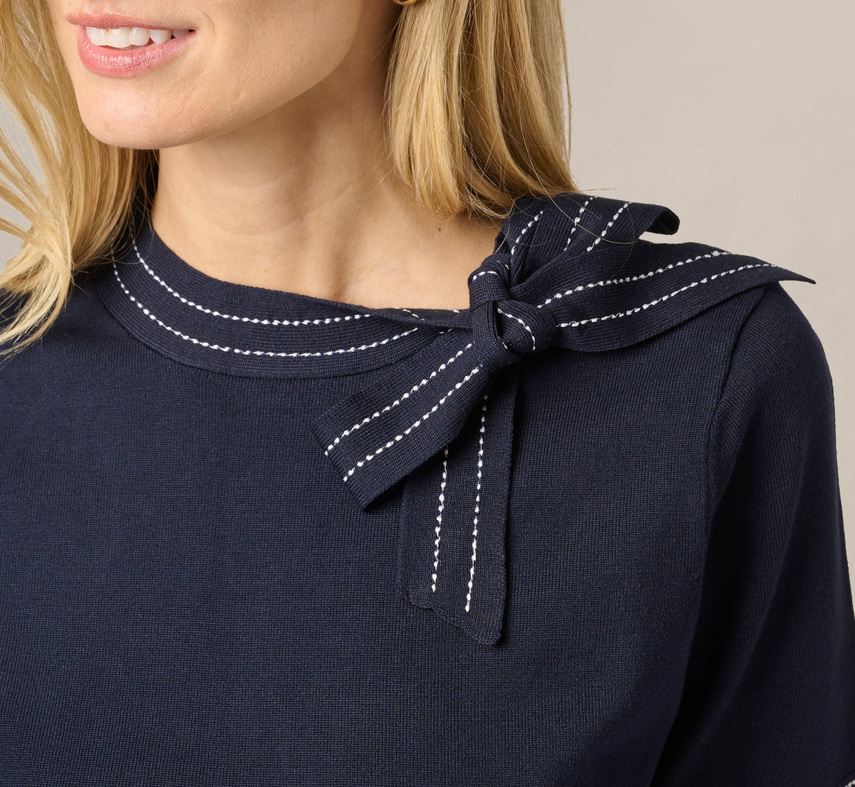 Short Sleeve Bow Neck Contrast Stitch Sweater - Navy Cream | Adrianna Papell