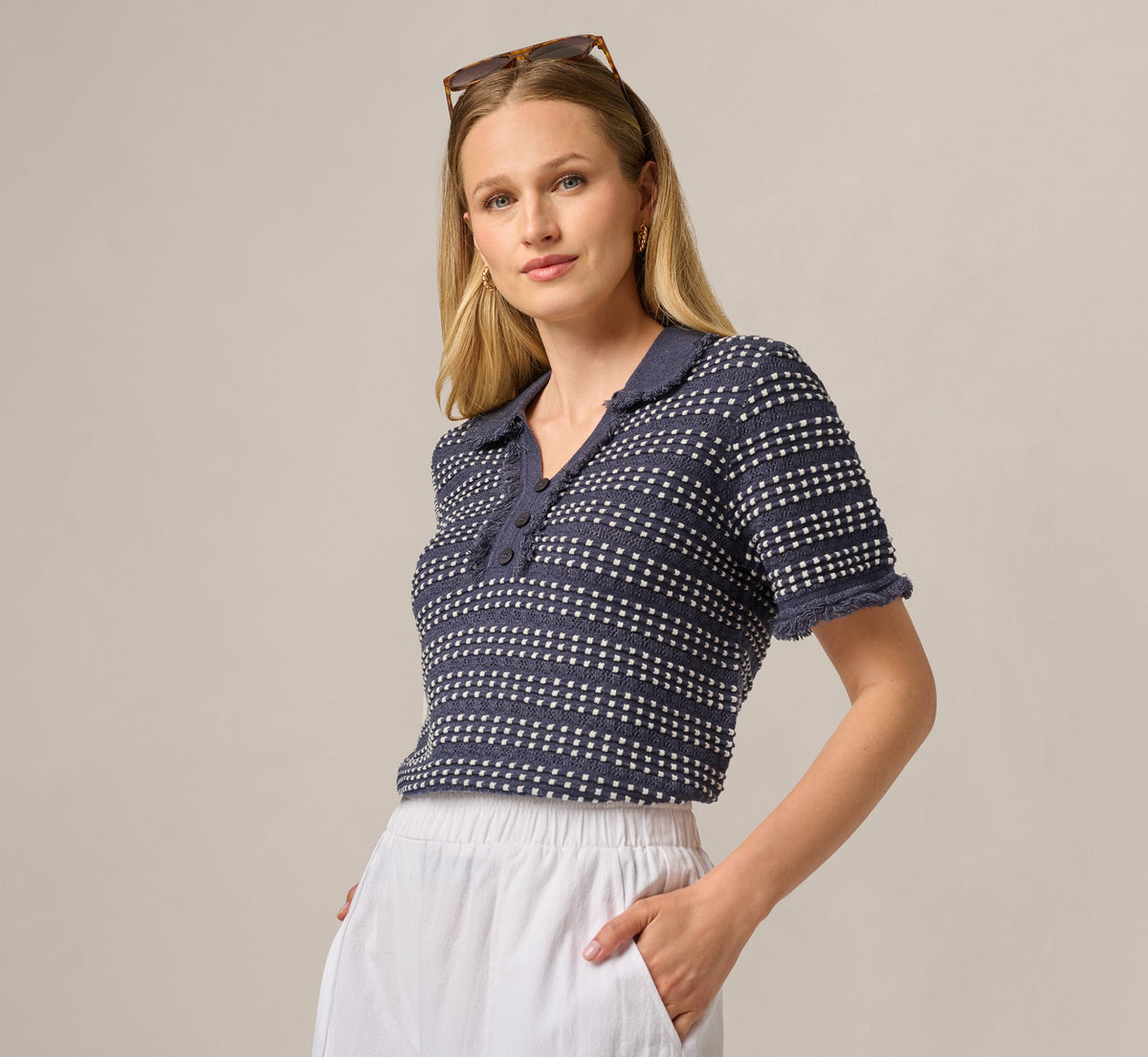 Fringe Trim Textured Polo Sweater - Navy Ivory | Adrianna Papell
