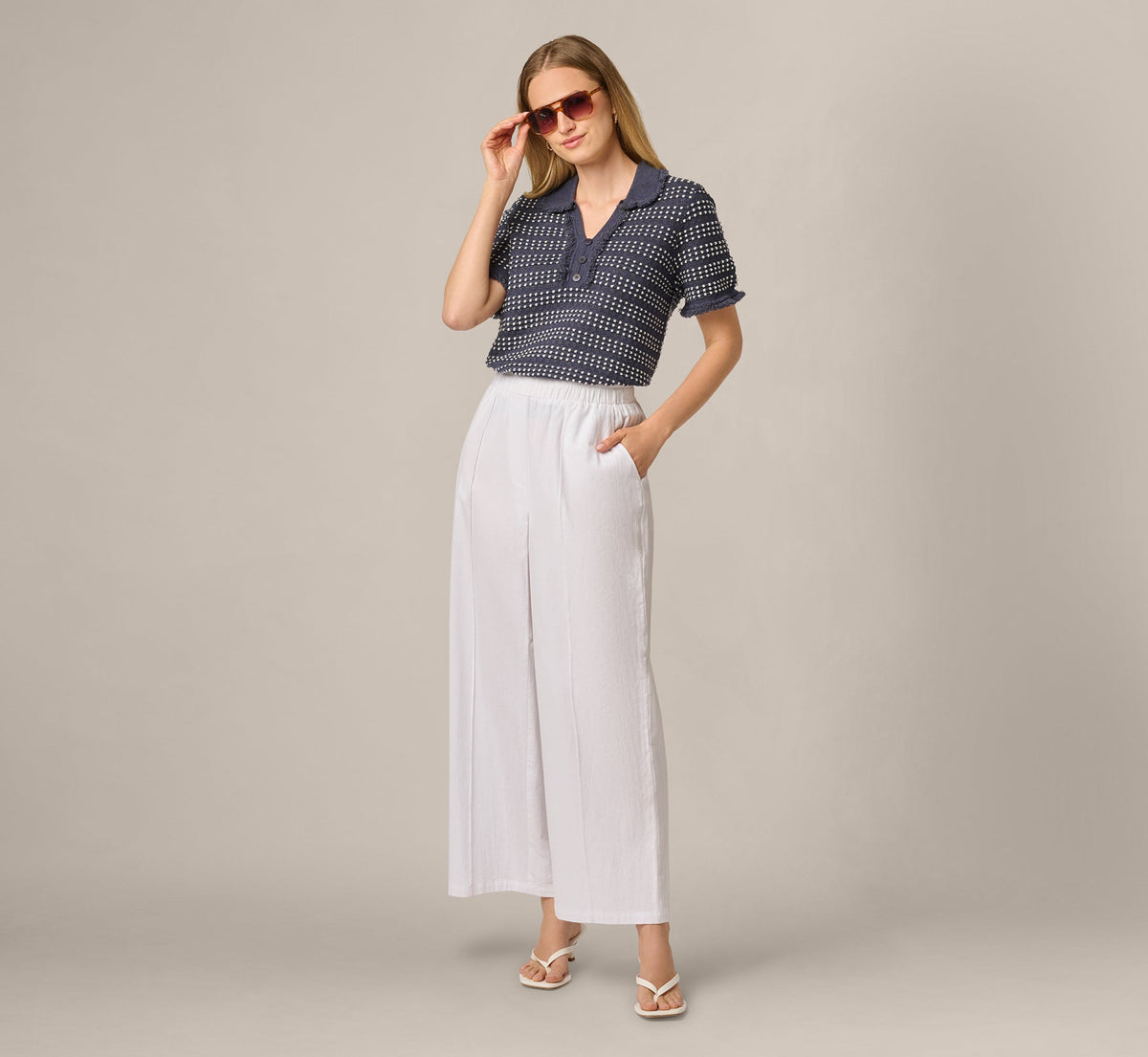 Fringe Trim Textured Polo Sweater - Navy Ivory | Adrianna Papell