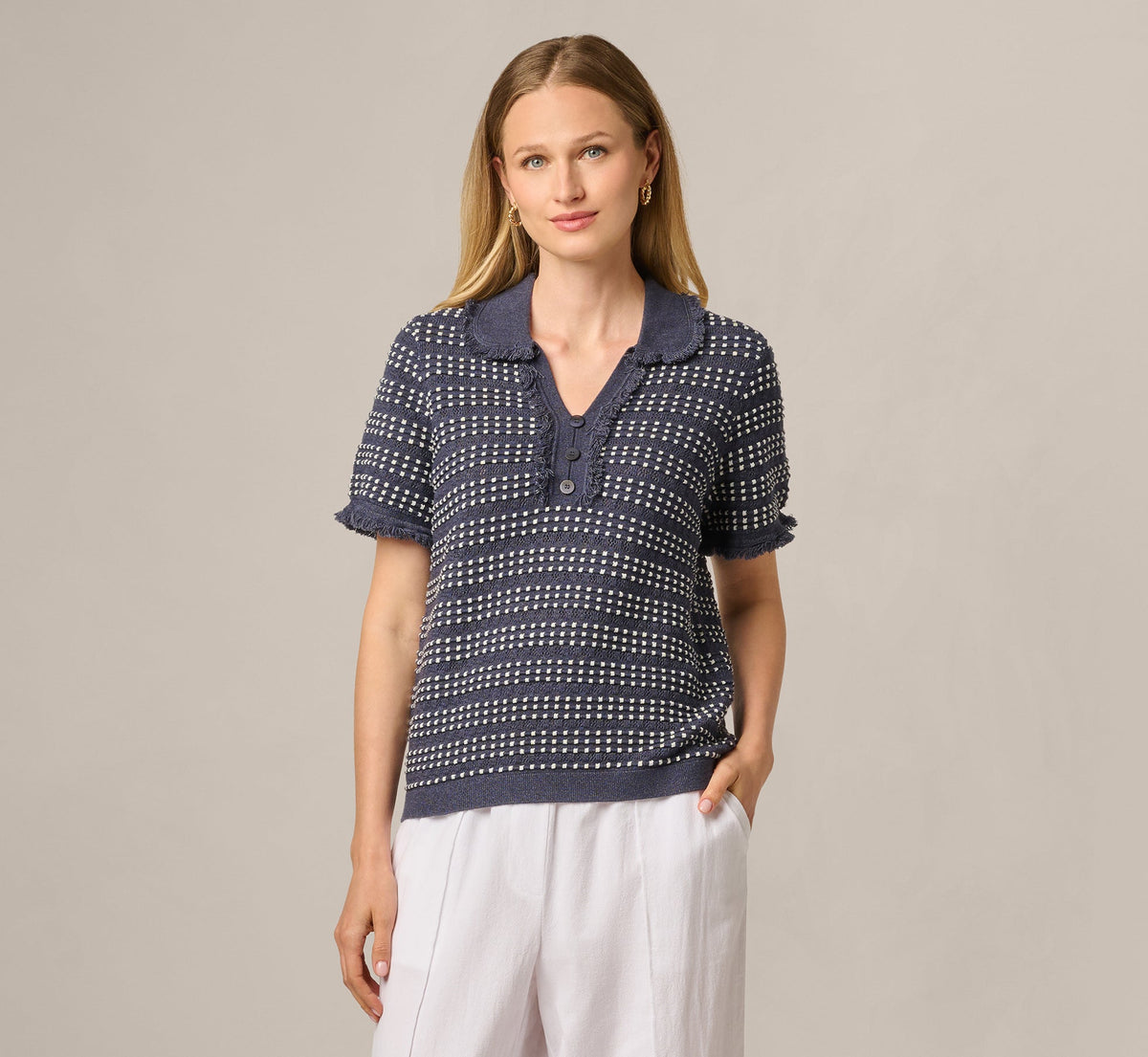 Fringe Trim Textured Polo Sweater - Navy Ivory | Adrianna Papell
