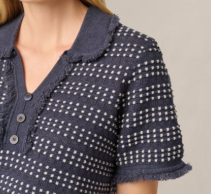 Fringe Trim Textured Polo Sweater - Navy Ivory | Adrianna Papell