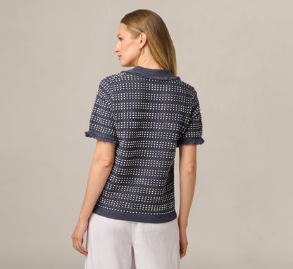 Fringe Trim Textured Polo Sweater - Navy Ivory | Adrianna Papell