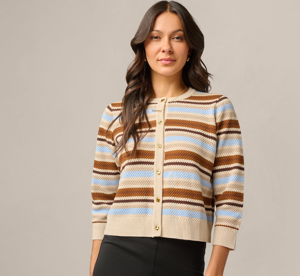 Three Quarter Sleeve Pebble Texture Cardigan Sweater - Brown Classic Blue Combo | Adrianna Papell