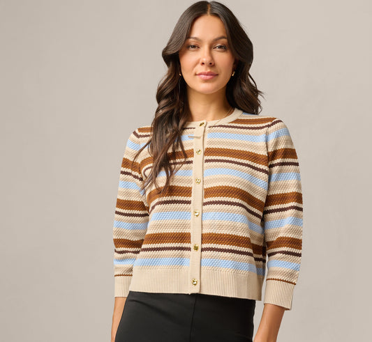 Three Quarter Sleeve Pebble Texture Cardigan Sweater - Brown Classic Blue Combo | Adrianna Papell