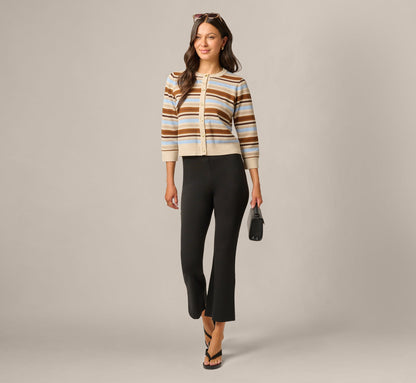 Three Quarter Sleeve Pebble Texture Cardigan Sweater - Brown Classic Blue Combo | Adrianna Papell