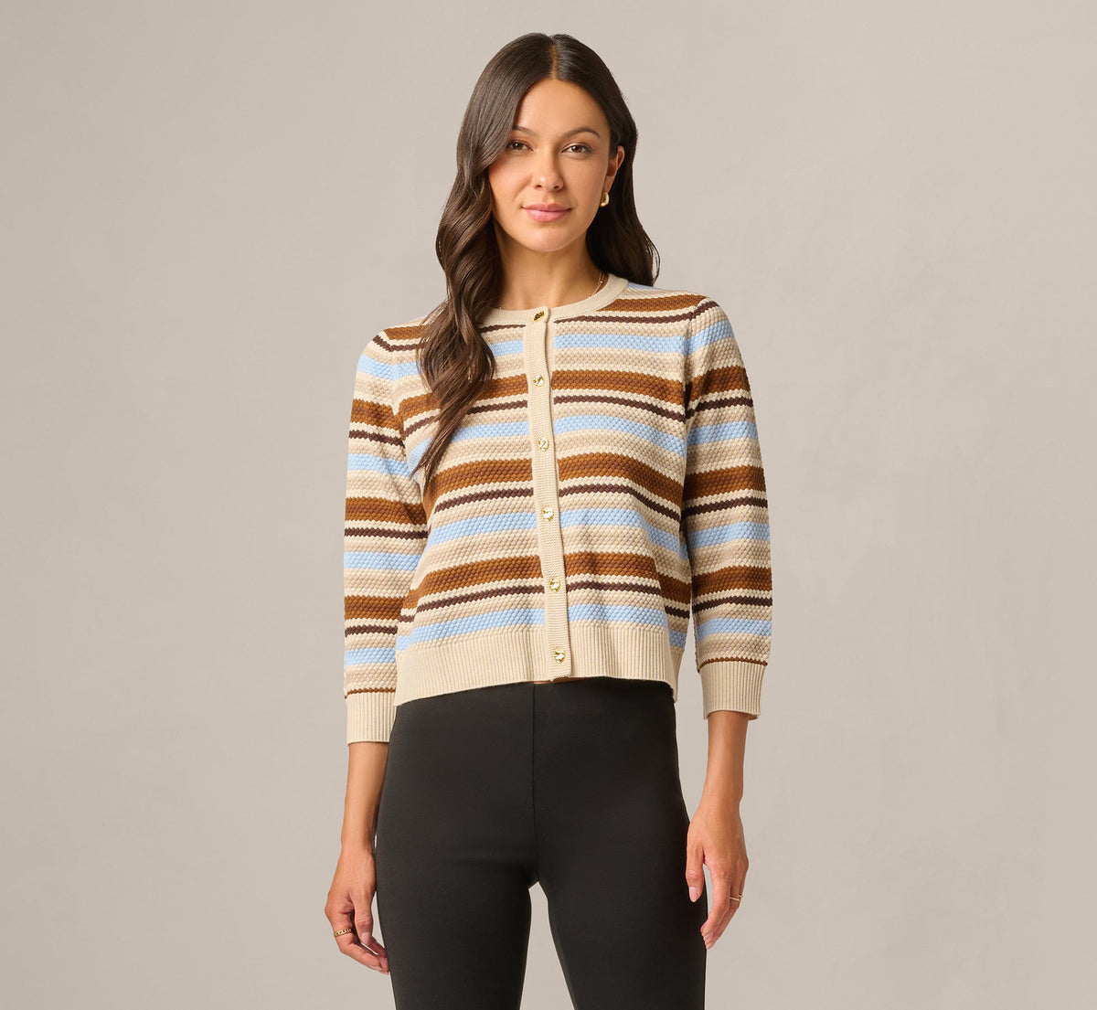 Three Quarter Sleeve Pebble Texture Cardigan Sweater - Brown Classic Blue Combo | Adrianna Papell