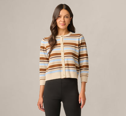 Three Quarter Sleeve Pebble Texture Cardigan Sweater - Brown Classic Blue Combo | Adrianna Papell