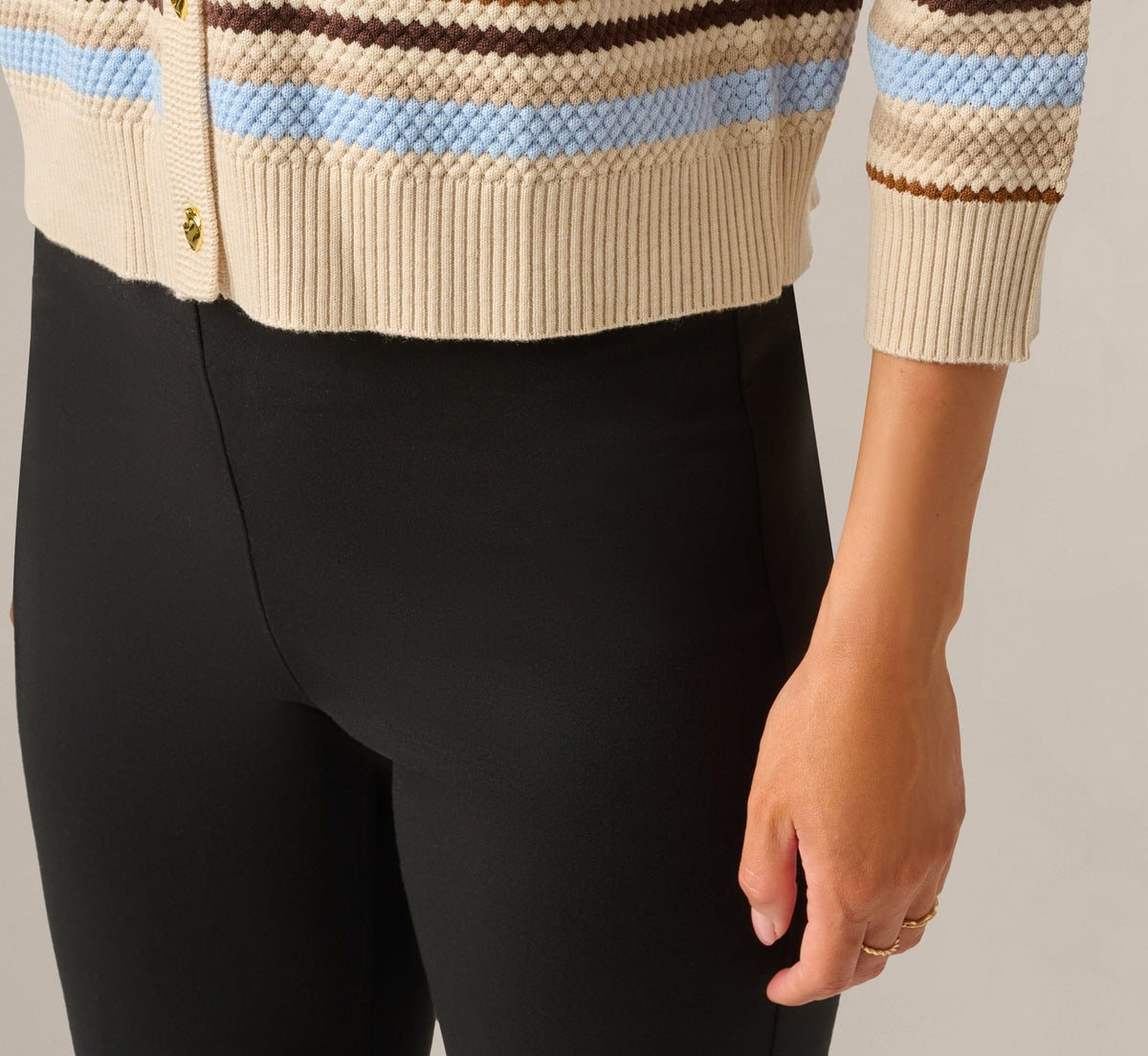 Three Quarter Sleeve Pebble Texture Cardigan Sweater - Brown Classic Blue Combo | Adrianna Papell