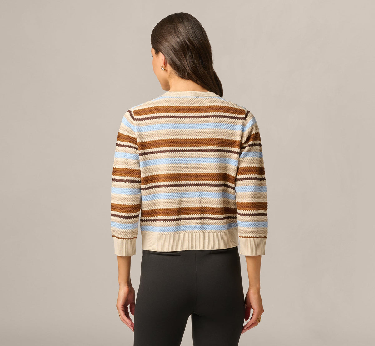 Three Quarter Sleeve Pebble Texture Cardigan Sweater - Brown Classic Blue Combo | Adrianna Papell