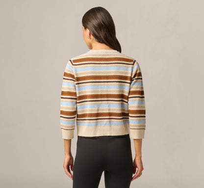 Three Quarter Sleeve Pebble Texture Cardigan Sweater - Brown Classic Blue Combo | Adrianna Papell