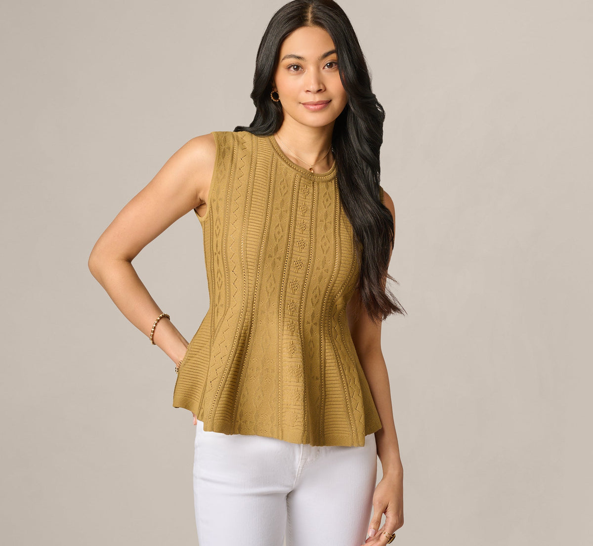 Flared Hem Open Pointelle Knit Tank Top - Earthy Green | Adrianna Papell