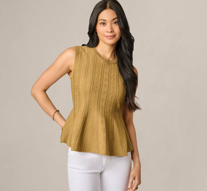 Flared Hem Open Pointelle Knit Tank Top - Earthy Green | Adrianna Papell