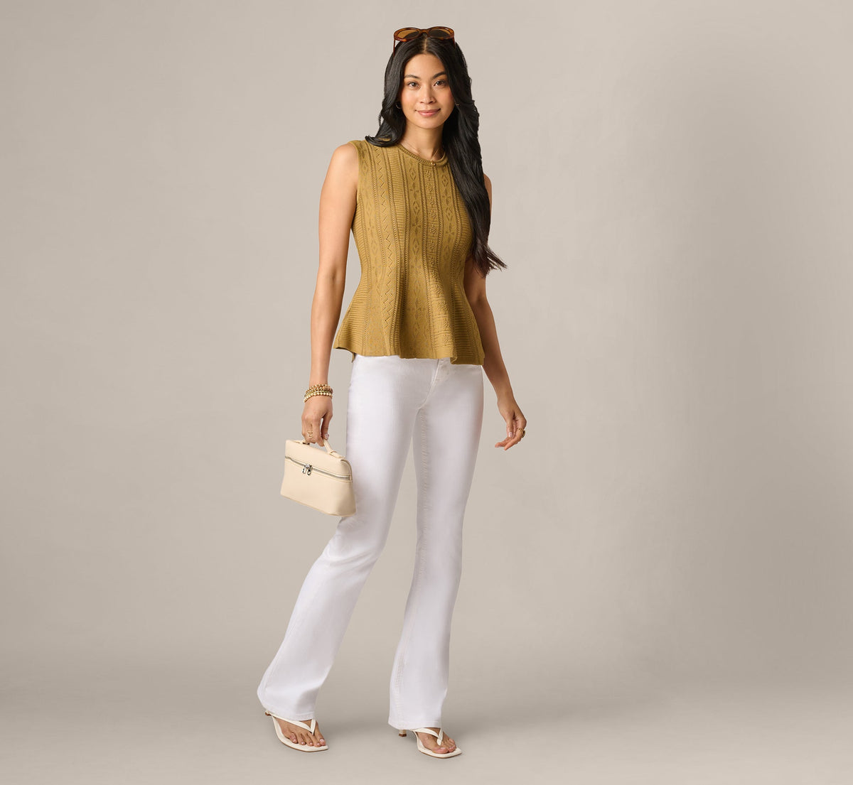 Flared Hem Open Pointelle Knit Tank Top - Earthy Green | Adrianna Papell