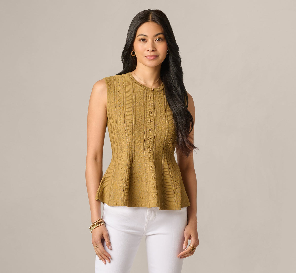Flared Hem Open Pointelle Knit Tank Top - Earthy Green | Adrianna Papell