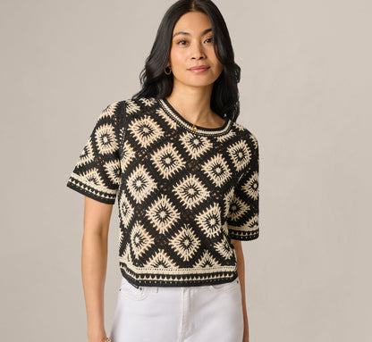 Short Sleeve Open Diamond Knit Crochet Top - Black Cream | Adrianna Papell