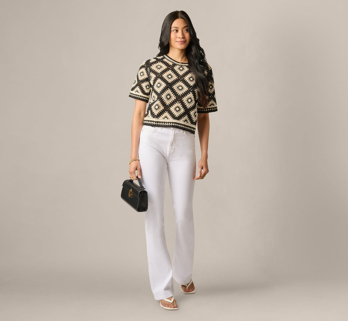 Short Sleeve Open Diamond Knit Crochet Top - Black Cream | Adrianna Papell