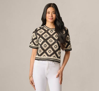 Short Sleeve Open Diamond Knit Crochet Top - Black Cream | Adrianna Papell