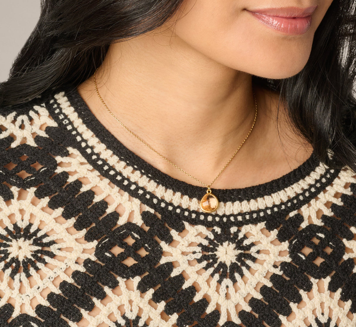 Short Sleeve Open Diamond Knit Crochet Top - Black Cream | Adrianna Papell