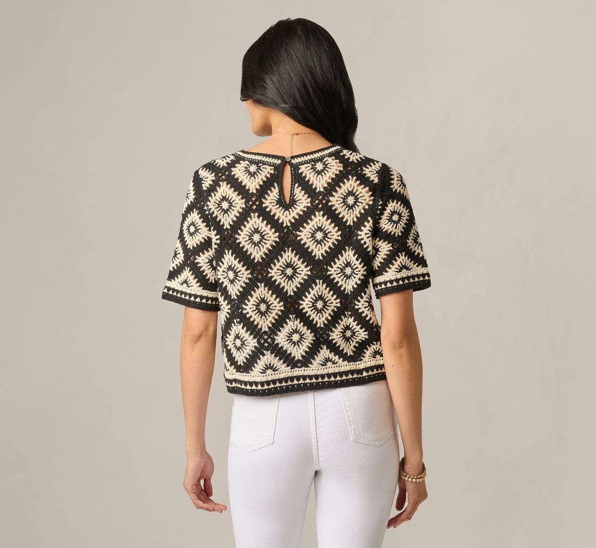 Short Sleeve Open Diamond Knit Crochet Top - Black Cream | Adrianna Papell