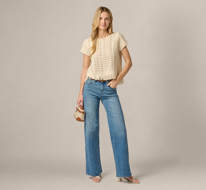 Short Sleeve Cable Crochet Open Knit Fringe Top - Cream | Adrianna Papell