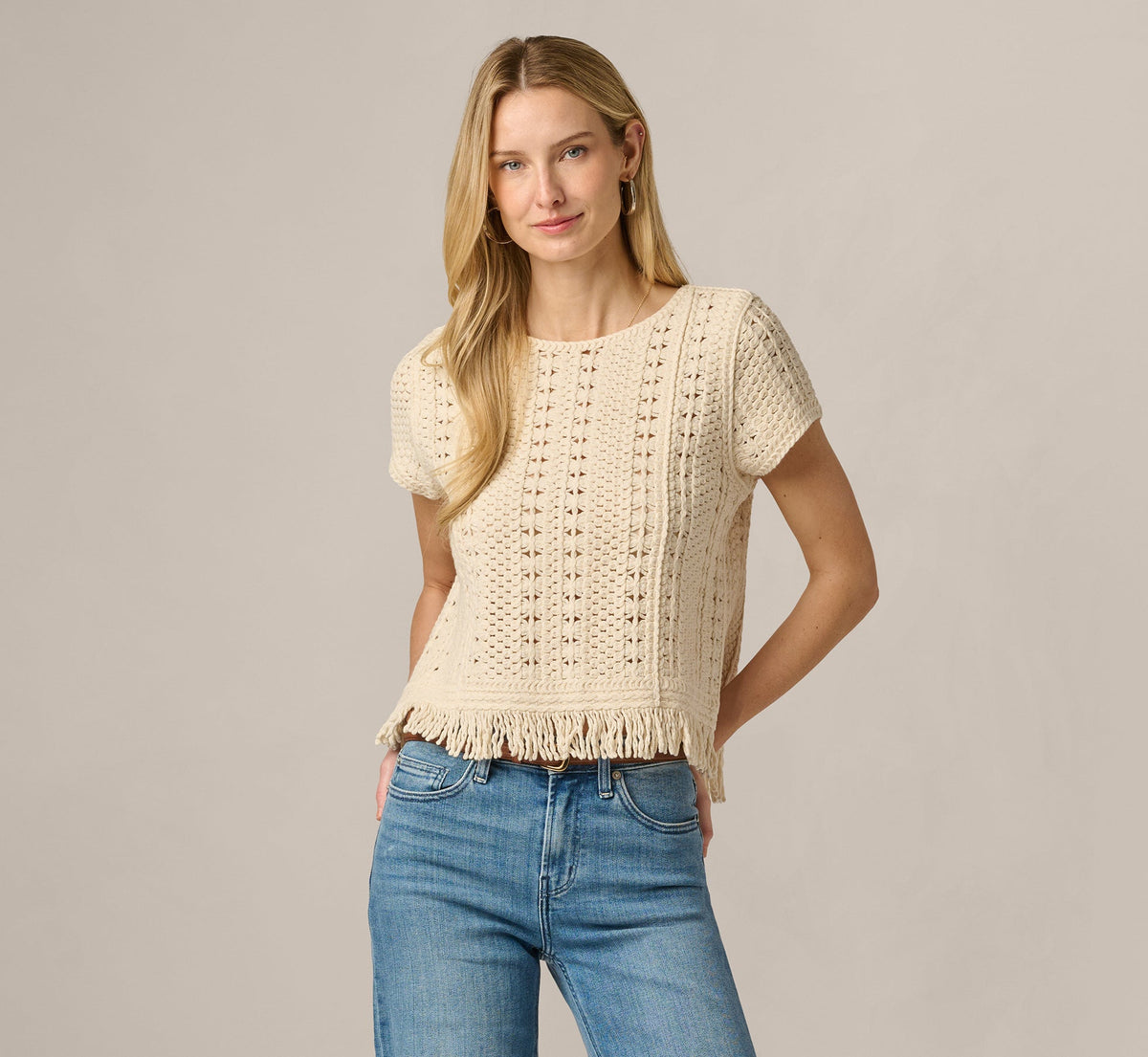 Short Sleeve Cable Crochet Open Knit Fringe Top - Cream | Adrianna Papell