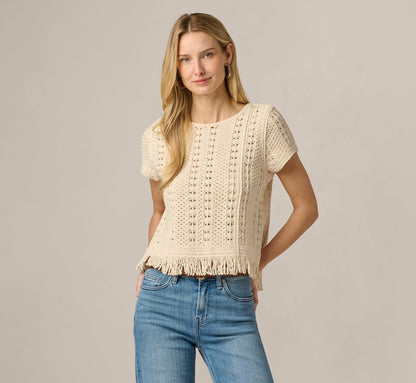 Short Sleeve Cable Crochet Open Knit Fringe Top - Cream | Adrianna Papell